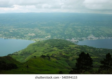 Panorama Of Samosir Island And Lake Toba. Aerial View From Pusubukit Volcano. North Sumatra, Indonesia.