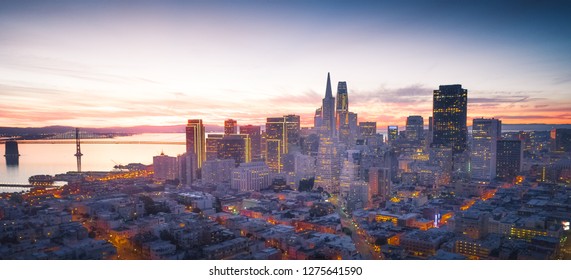 Panorama Of The San Francisco Skyline With Brilliant Sunrise