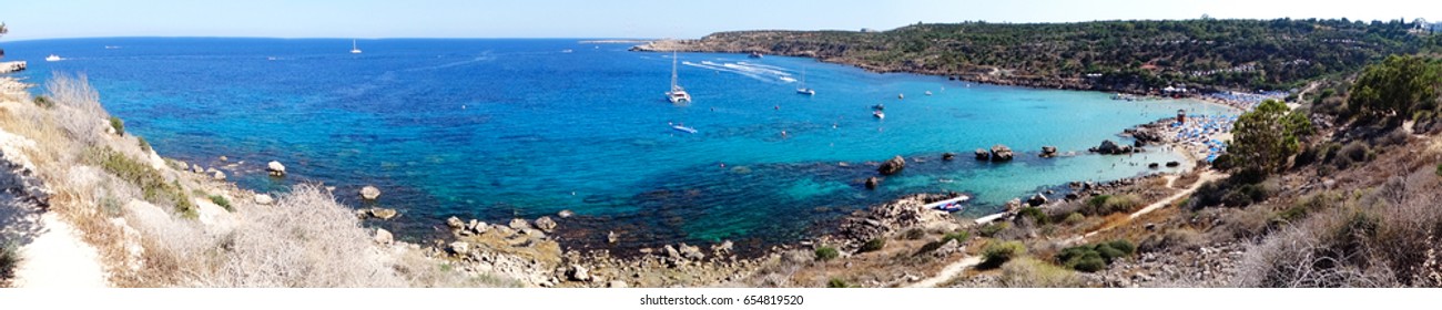 panorama of sandy beach coast in the mediterranean sea landscape on Cyprus island