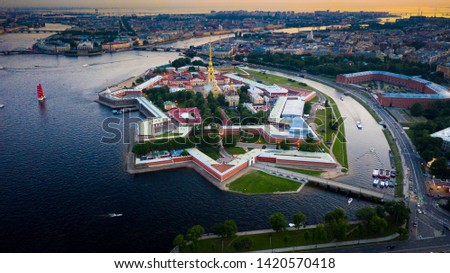 Panorama of Sankt-Petersburg. View of the Peter and Paul Fortress. St. Petersburg from the air. Saint Petersburg, Russia.