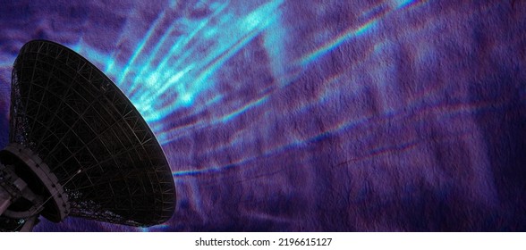 Panorama Satellite Dish On A Purple Abstract Background. Cosmonautics Day, Space Exploration