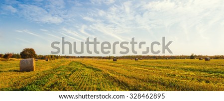 Panorama of scenic view of hay stacks at fall (North Cape Coastal Drive, Prince Edward Island, Canada)