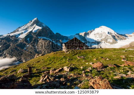 Image, Stock Photo Panorama with Schoebiel SAC mountain hut and matterhorn