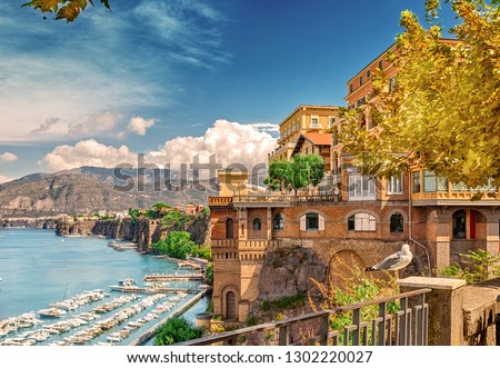 Panorama of the sea coast of the resort city. Sorrento. Campaign. Italy.