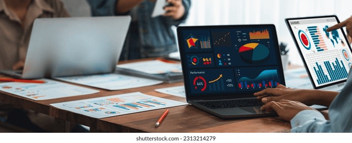 Panorama shot analyst team utilizing BI Fintech to analyze financial report with laptop. Businesspeople analyzing BI power dashboard displayed on laptop screen for business insight. Scrutinize