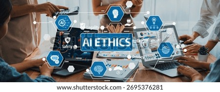 Panorama shot analyst team utilizing BI Fintech to analyze financial report with laptop. Businesspeople analyzing BI power dashboard displayed on laptop screen for business insight. Scrutinize Amity