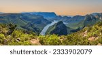 Panorama shot of the Blyde River Canyon, dam and the mountains with lush foliage, Panorama Route, Graskop, Mpumalanga, South Africa