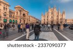 Panorama showing historic buildings and Milan Cathedral timelapse. Duomo di Milano is the cathedral church located at the Piazza del Duomo square in Milan city in Italy