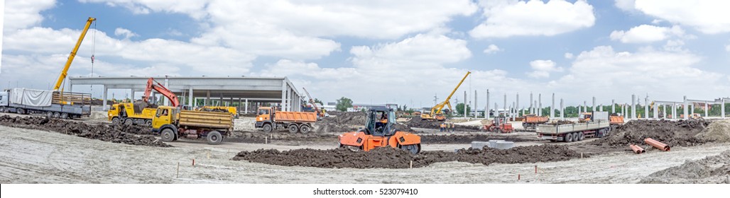 Panorama is showing a landscape transform into urban area with machinery, people are working. View on construction site.