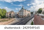 Panorama showing Theater Square with Main Post Office building aerial timelapse and Polish Theater, both built in 1890s, view from the Castle hill. Traffic on the street. Bielsko-Biala, Poland