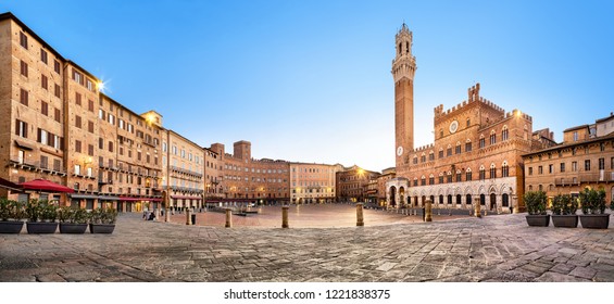 Panorama of Siena, Italy. Piazza del Campo square with gothic town hall building and tower