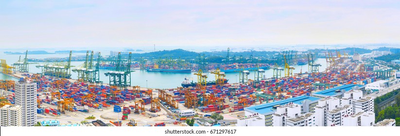 Panorama Of Singapore Commercial Port With Modern Skyscrapers On Foreground