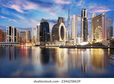 Panorama of skyline downtown Dubai at night, United Arab Emirates