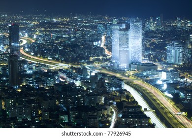 Panorama of the skyline Tel Aviv city at night, Israel