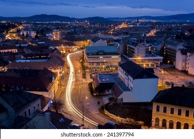 Panorama Of A Small City In The Blue Hour.