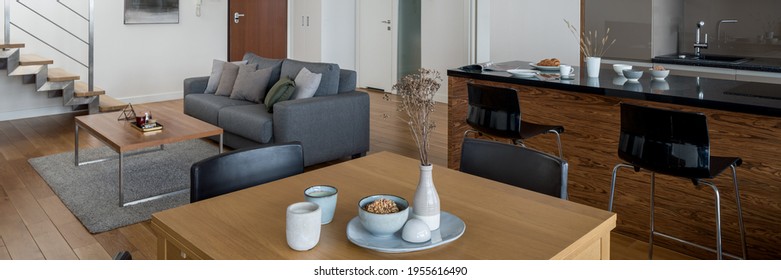 Panorama Of Small, Open Space Apartment With Living Room, Kitchen, Dining Area In One Room