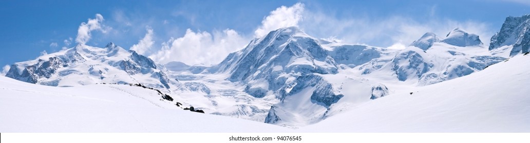 Panorama Of Snow Mountain Range Landscape With Blue Sky At Matterhorn Peak Alps Region Switzerland