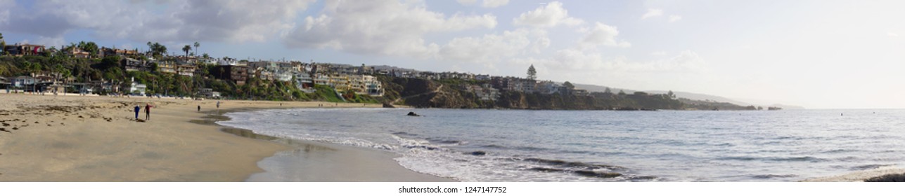 Panorama Of Southern California Coastline. View Of The Coastal Access To The Harbor From A Rocky Cliff. Cityscape Of The Marina. Corona Del Mar, Newport Beach, California