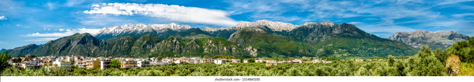 Panorama Of Sparta With Mount Taygetus In Greece