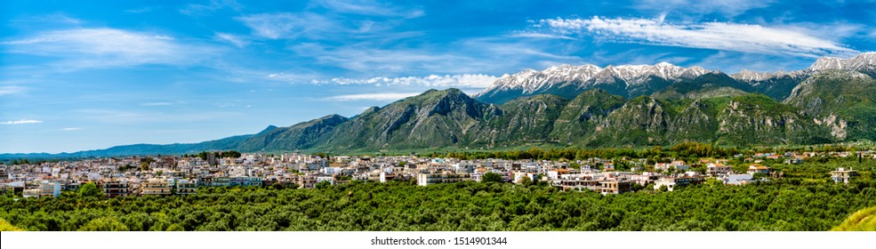 Panorama Of Sparta With Mount Taygetus In Greece