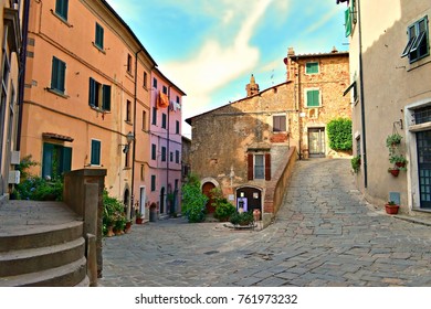 Panorama Of The Square Of Medieval Origin In The Famous Village Of Castagneto Carducci In Livorno Italy Where The Poet Giosuè Carducci Spent His Adolescence