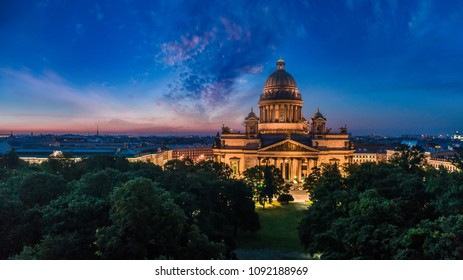 Panorama Of St. Petersburg. Saint Isaac's Cathedral. Nevsky Prospekt In St. Petersburg. Russia. Evening Peter. Panoramas Of St. Isaac's Cathedral From A Height.