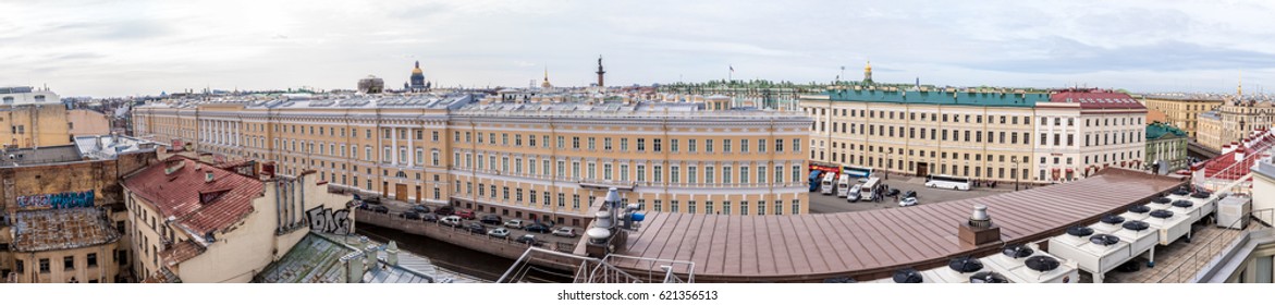 Panorama of St. PetersburgIn from the top viewpoint with a view of the Palace Square, Winter palace (former royal residence) and the Moika River - Shutterstock ID 621356513