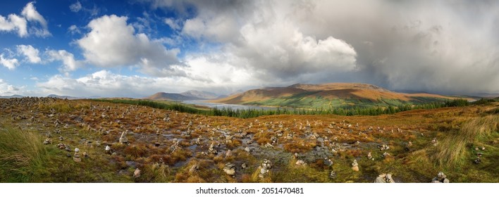 Panorama Of Stone Stacks In The Scottish Highlands, Overlooking The Ardochy Forest Towards Loch Garry, Scotland, UK