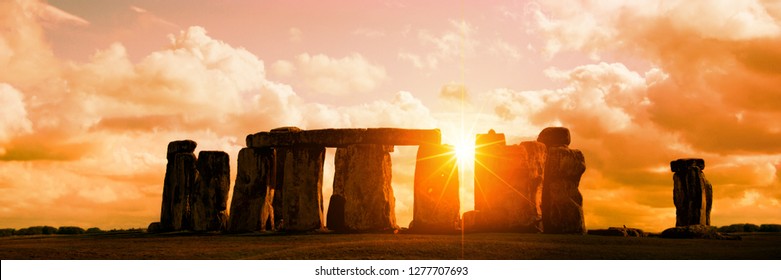 Panorama of Stonehenge at sunset, United Kingdom