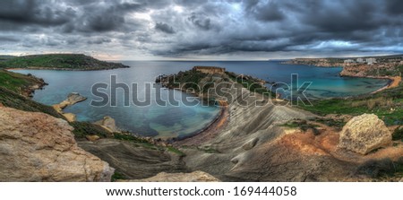 Panorama of a storm over Ghajn Tuffieha in Malta on a cold winter day