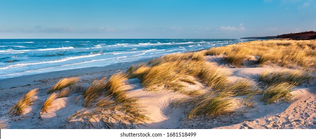 Panorama Of Stormy Sea And Beach With Coastal Dunes