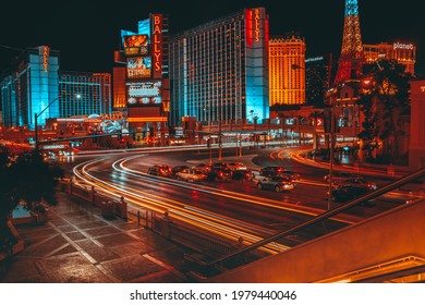 Panorama Of The Street With Hotels In Las Vegas, Shooting On Long Exposure. Las Vegas, USA - 18 Apr 2021