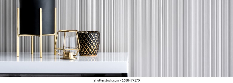 Panorama Of Stylish Decoration In Gold And Black On White, High Gloss Console Table