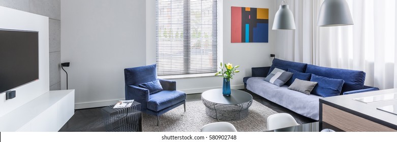 Panorama of stylish design living room with tv and blue furniture set