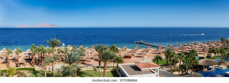 Panorama Of Sunny Beach In Tropical Resort In Red Sea Coast In Egypt, Africa.