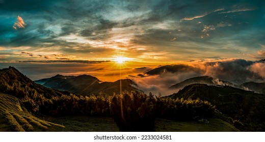 Panorama of the sunrise in the mountains. Sunrise fog in the morning in mountains. Mountain valley sunrise. Beautiful sunrise in foggy mountains - Shutterstock ID 2233024581