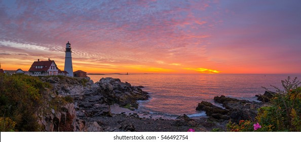 Panorama Sunrise At Portland Head Light In Maine.