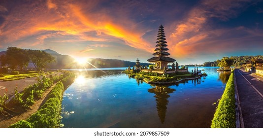 Panorama of  Sunrise at Pura Ulun Danu Beratan Bedugul temple on a lake in Bali, Indonesia