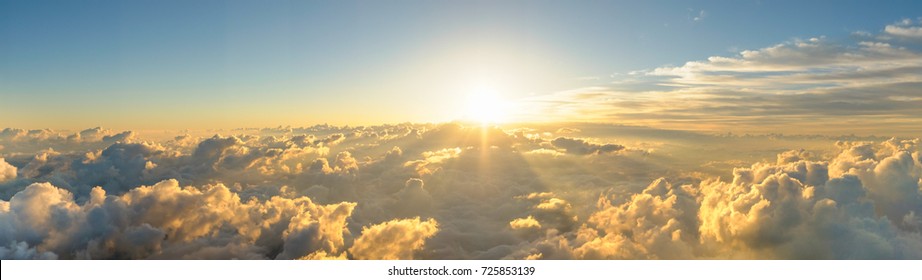 Panorama Sunrise From The Top Of The Mount Fuji. The Sun Is Shining Strong From The Horizon Over All The Clouds And Under The Blue Sky. Good New Year New Life New Beginning. Abstract Nature Background