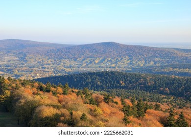 The panorama of the Swietokrzyskie Mountains in autumn from the observation tower of the Holy Cross Basilica