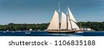 Panorama of a Tall Ships in full sail along the St. Lawrence River next to smaller boats with the New York State coastline and cottages in the distance.