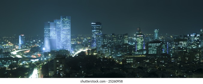 Panorama of the Tel Aviv skyline at night, Israel