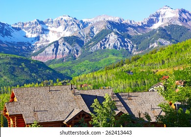 Panorama Of Telluride Mountains And Houses In Colorado, USA. Telluride Landscape On A Sunny Summer Day.