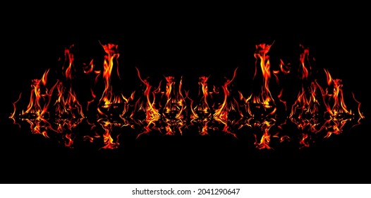 Panorama Texture of fire on a black background.Relection of fire and Flames on dark background.