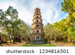 Panorama of Thien Mu Pagoda in Hue, Vietnam in a summer day