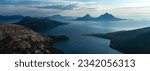 Panorama of Tomma mountain island in Norwegian archipelago coastline of Helgeland. Smaltinden view, Luröy, Nordnorge. Norway mountains in the summer. High resolution beautiful Norway. Fjelltur Norge