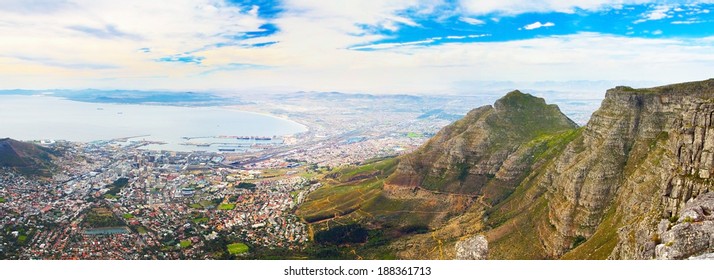 Panorama from the top of Cape Town Table Mountain (South Africa) on a bright sunny day