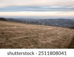 Panorama of the top and summit of Vrh Rajac moutain at dusk in autumn. Rajac is a mountain of Sumadija in Serbia, part of the dinaric alps, a major serbian natural touristic destination.