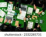 Panorama top view of business people planning business marketing with environmental responsibility for greener ecology. Productive teamwork contribute nature preservation and sustainable future.Quaint