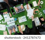 Panorama top view of business people planning business marketing with environmental responsibility for greener ecology. Productive teamwork contribute nature preservation and sustainable future.Quaint